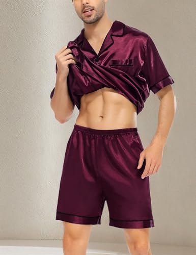 Image of SWOMOG Satin Matching Pajamas Sets Couple Silk Button Down Nightwear Women & Men Short Sleeve Sleepwear 2 Pieces Loungewear