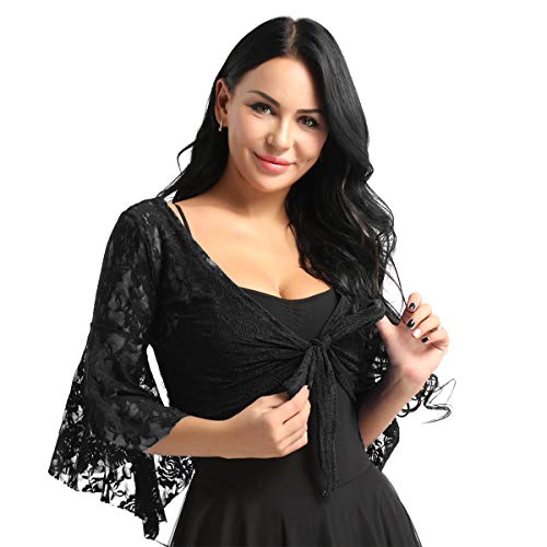 Msemis Woman Lace Belly Dance Wrap Top Cardigan Shrug Front Tie Crop Top Costume Black One Size #TOP1
