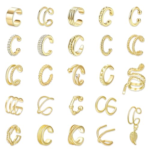 ZXTGBQ 24 Piezas Ear Cuff Pendientes No Piercing, Sin Agujero, Ajustables Clip, Fake Helix Cartílago Oro