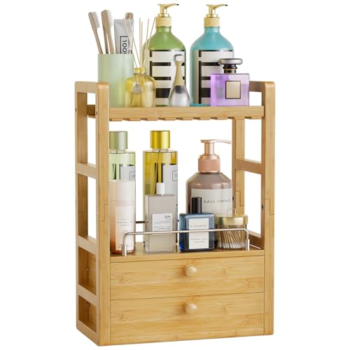 fanado Makeup Organizer with 2 Drawers, Makeup Organizers Countertop for Vanity and Bathroom, Make up organization and Skincare Storage with Brush Holder, for Dresser, Desktop, Cosmetic Display Case (White)