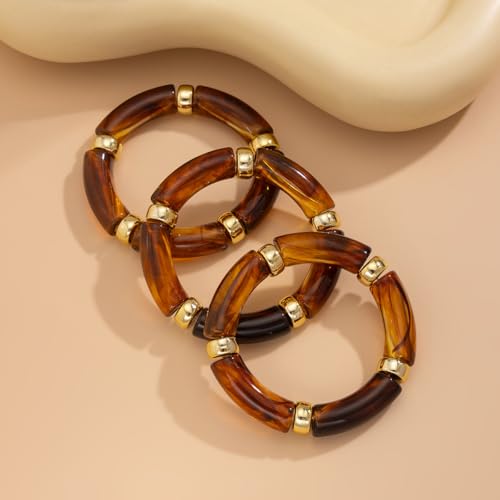 3PCS Chunky Acrylic Bangle Bracelets for Women Stackable Resin Stretch Bracelets Resin BambooTube Bangle Stack Strentchy Acrylic Bracelet Wristband Jewelry Set4