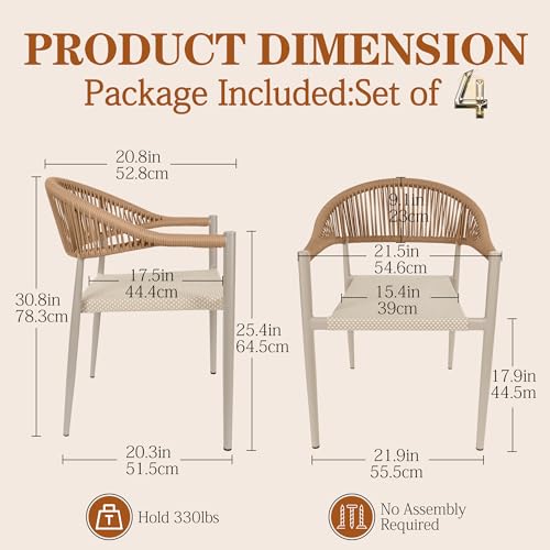 TWT Patio Chairs Set of 4 Outdoor Stackable Dining Chairs for All Weather, Breathable Textilene Garden Outdoor Furniture for Backyard Deck, Light Brown - Thumbnail 3