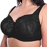 Gemm Ladies Black Embroidered Large Bosom Lace Underwired Firm Bra Plus Size Cup (38G, Black)