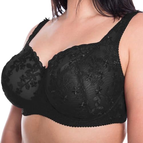 Gemm Ladies Black Embroidered Large Bosom Lace Underwired Firm Bra Plus Size Cup (40G, Black)
