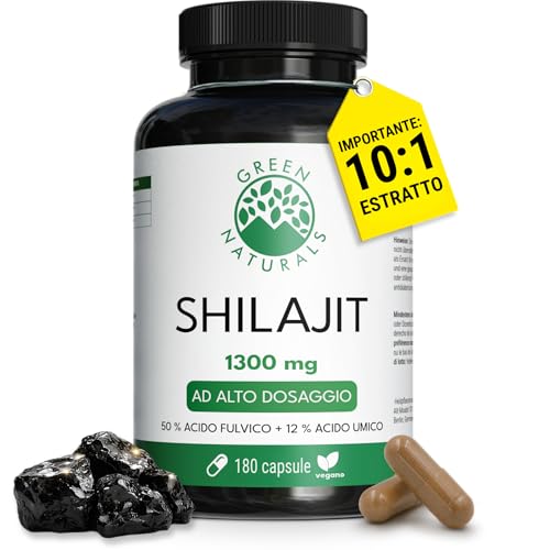Green Naturals® Shilajit Himalaya Originale – 1.300 mg per dose giornaliera (estratto 10:1) – 50% acido fulvico & 12% acido umico – Scorta 3 mesi – 180 capsule