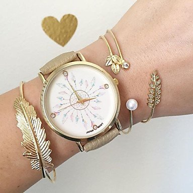 FENKOO Mujer Reloj de Moda Cuarzo PU Banda Negro/Caqui Marca-