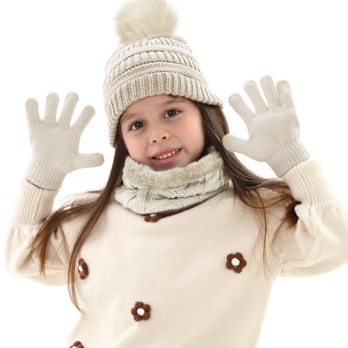 Image of Kids Winter Beanie Hat Scarf Gloves Set for 3-8 Years Old Boys Girls, Thick Warm Knitted Hat Gloves Fleece Lined Scarf Set