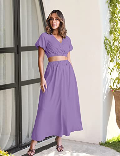 Merokeety Women's Summer Two Piece Outfits V Neck Puff Sleeve Crop Top And Flowy Maxi Skirt Set,Purple,Xl #TOP3