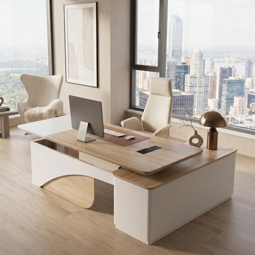 SAINTCY 86" L Shaped Standing Executive Desk with Drawers and Shelves,White Electric Adjustable Height Desk with Charging Station and Privacy Panel for Home and Office, Light Walnut
