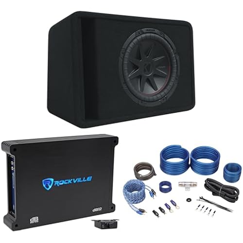 KICKER 52VCVR122 12" Single Subwoofer in Vented Enclosure Bundle with Rockville dB12 2000W Mono Car Amplifier Amp & Complete Car Amp Installation Wiring Kit with RCAs (3 Items)