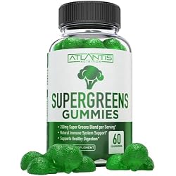 Atlantis Nutrition Supergreens Gummies - Daily Green Superfoods Supplement with Spinach, Broccoli, Moringa, Beet Root, Celery, Green Tea, & Acai for Immunity Support - Natural Raspberry Flavor, 60 cnt
