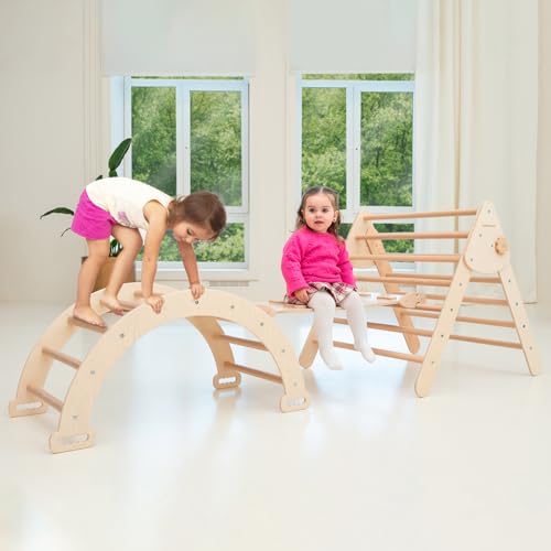 Image of WoodandHearts Pikler Triangle Set Baby Climbing playset - Foldable Climbing Triangle - Climbing Slide Board - Arch Climber - Climbing Toys for Toddlers (Large Size) (Beige)