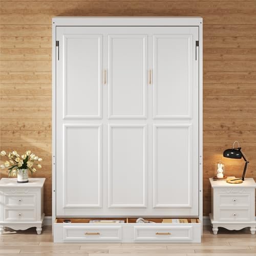 VilroCaz Full Size Murphy Bed with 2 Drawers, Wood Wall Murphy Be...