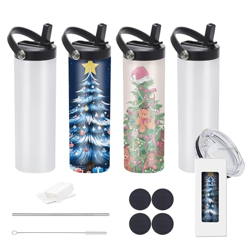 20oz sublimation sport tumblers blanks with two lids,flat edge sublimation tumblers,double wall stainless steel insulted cup,for Heat Transfer, White (4, with flex handle lid)