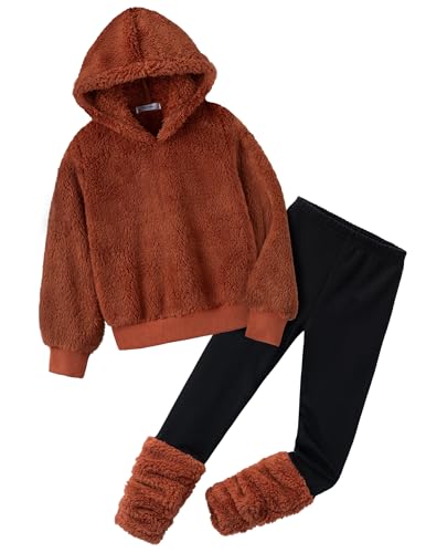 Arshiner Girls Brown Tracksuits Fuzzy 2 Piece Outfits Long Sleeve Pullover Hoodies and Patchwork Legging Sets 6-7Y