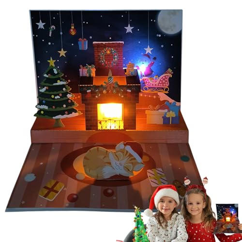 Tarjetas de Navidad musicales – Proyección de Papá Noel hecha a mano, chimenea, saludos navideños, música ligera, pantalla de chimenea de Papá Noel, juego de tarjetas festivas con efecto | Regalo de