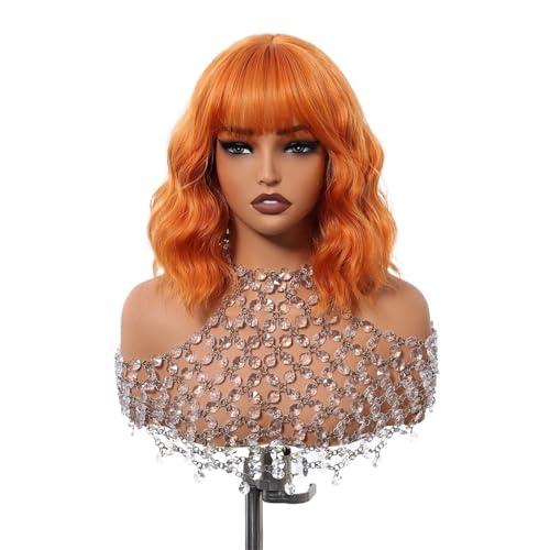 Perruque synthétique orange thermo-résistante et frange droite pour femmes