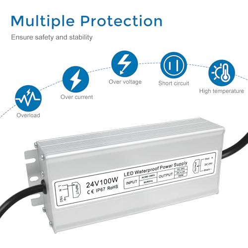 Image of LED Driver 100W 24V Power Supply, IP67 Waterproof Low Voltage Transformer, AC 90-265V to DC 24V 4.2A Converter with 3-Prong Plug 3.3 Feet Cable for Outdoor LED Lights, Industrial, Computer