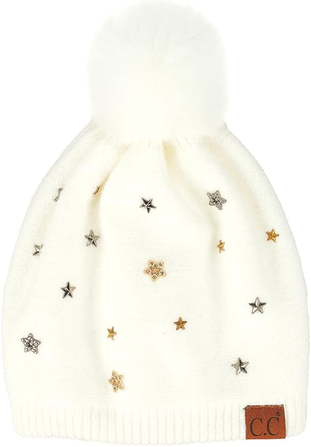 C.C Star Stud Fur Pom Beanie for Women - Recycled Yarn Stretchable Soft Warm Knit Winter Skully Hat with Faux Fur Pom