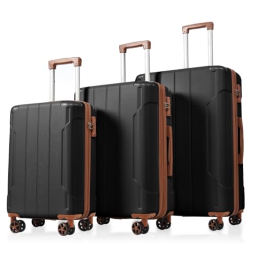 Luggage Set 3 Pieces, Hard Shell ABS Lightweight and Durable with Dual Spinner Wheels 20/24/28 Inch (Black Brown)