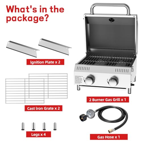 Image of Veralune Tabletop Gas Grill, Small Propane Grill, 22,000 BTUs, Locking Lid | Portable Gas Grill, 2 Burner Grill, Stainless Steel, Large Cooking Surface, Built-in Thermometer, for Outdoor Cooking