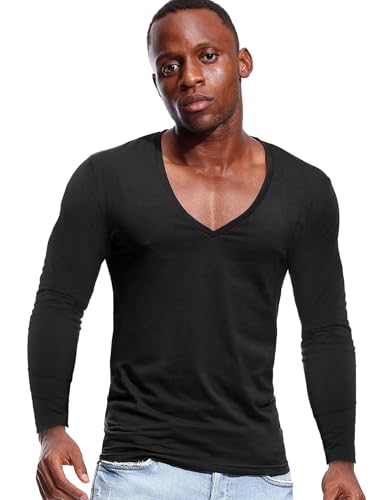 Deep V Neck Shirts Men Long Sleeve Stretch T-Shirt Low Cut Undershirts Tees