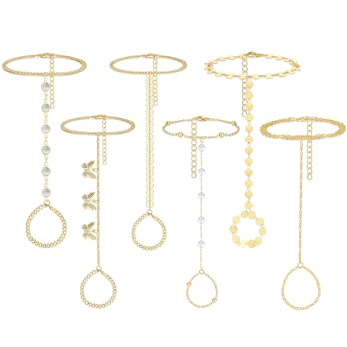 6 Pieces Gold Finger Ring Bracelet for Women Trendy 14k Gold Plated Womens Adjustable Cute Rings Hand Chain Link Bracelets Set for Women Jewelry Gifts Daily Accessories on Summer Beach