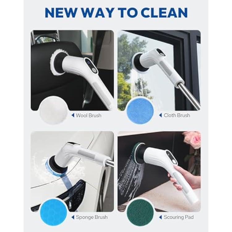 Electric Spin Scrubber for Cleaning - Upgraded Cordless Cleaning Brush Scrubber - IPX7 Waterproof Power Scrubber with 7 Brush Heads, Extended Handle and 2 Speeds for Bathroom Shower Bathtub Floor