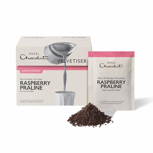Image of Hotel Chocolat Hot Chocolate Mix - Raspberry Praline Drinking Chocolate with Real Chocolate Flakes, 10 Servings, Gourmet Cocoa