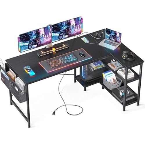 ODK 55" Small L Shaped Desk with Power Outlets & Storage Shelves, Black