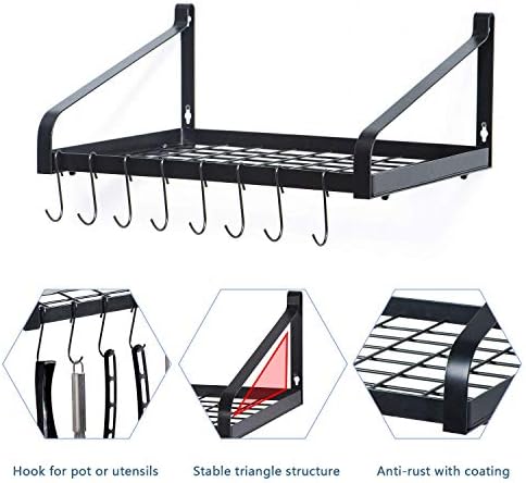 Love-KANKEI Kitchen Shelves, Wall Mount Pot Pan Racks, Wall Shelves Organizer with 16 Hooks for Kitchen Utensils, Set of 2, Black