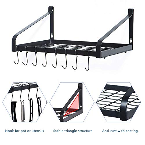Love-Kankei Pot Rack Wall Mounted Set Of 2 Pan Pot Organizer Wall Shelves With 16 Hooks For Kitchen Cookware Utensils Organization Black #TOP5