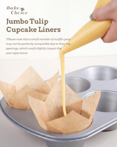 Image of Bake Choice 100pcs Extra Large Natural Tulip Cupcake Liners for Baking | Unbleached, Food Grade, Non Stick, Greaseproof, Nordic Paper,Jumbo Muffin Liners,Cupcake Wrapper for Party, Christmas