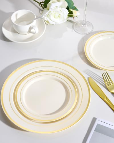 Image of Goodluck 200 PCS Ivory and Gold Plastic Plates Heavy Duty Disposable