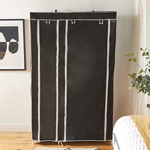 VonHaus Double Fabric Canvas Wardrobe  Temporary Clothes Storage Organiser With 6 Shelves & Hanging Rail  Black Clothes Storage Unit