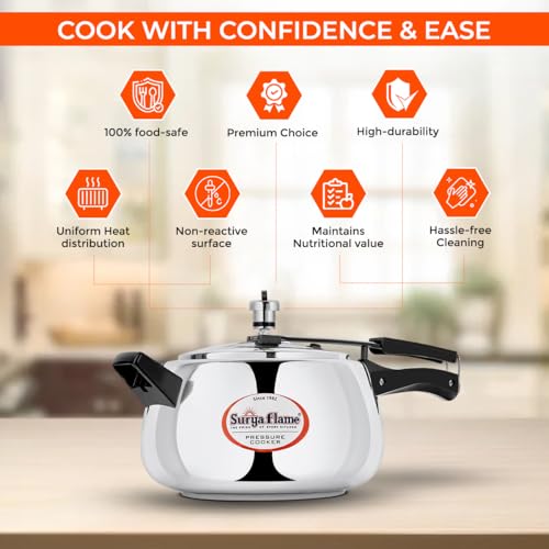 Image of Surya Flame Stainless Steel 5 Litre Pressure Cooker with Inner Lid, Magma Gas & Induction Compatible, ISI Certified (Silver), 3-Year Doorstep Warranty