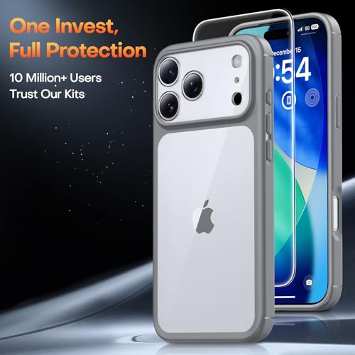 Image of TAURI for iPhone 17 Pro Case, with Screen Protector, Grey | Full Camera Protection, Anti-Yellowing Military-Grade Protection Shockproof Slim Phone Case for iPhone 17 Pro
