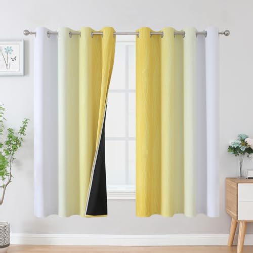 Estelar Textiler Yellow and Greyish White Ombre Blackout Curtains for Bedroom, Gradient Thermal Insulated Blackout Drapes, Full Room Darkening Grommet Curtains for Kids Room, 52Wx63L, 2 Panels