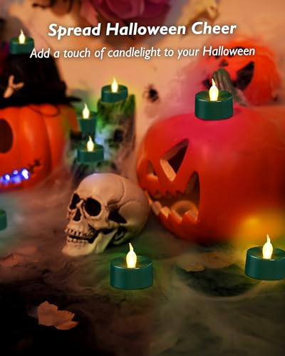 merrynights Green LED Candles, 12 Pack Tea Lights Candles Battery Operated, Flameless Tealight Candle, Realistic Tea Lights for Halloween Christmas Party Decor Mardi Gras
