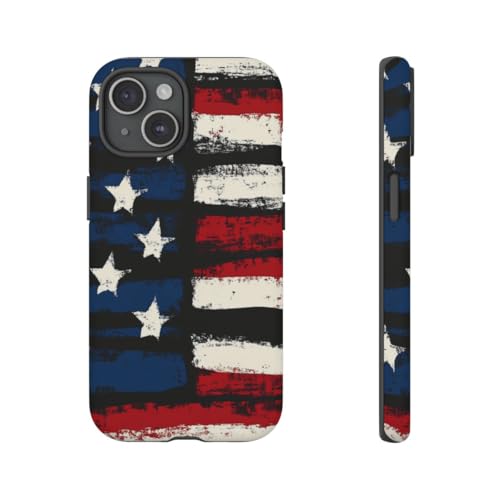 Coque rigide mate iPhone 15 noire drapeau américain protection antichoc et anti-traces