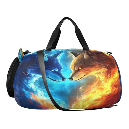 Travel Duffle Bag for Kids Boys Girls Wolf Fire Wolves Galaxy Sports Bag Overnighter Duffle Sleepover Weekender with Shoes Compartment4
