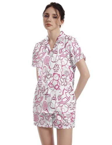 Image of Funny Pajamas for Women Set Print Satin Loungewear Pjs Short Sleeve Button Down Top and Shorts Sets Sleepwear XS-3XL