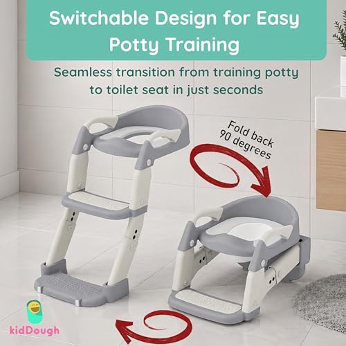 Image of KidDough Potty Training Seat with Ladder, Splash Guard, Handle and Cushion Seat, Polypropylene, Grey, Modern Style, for Kids (Potty Seat 3in 1, Grey)