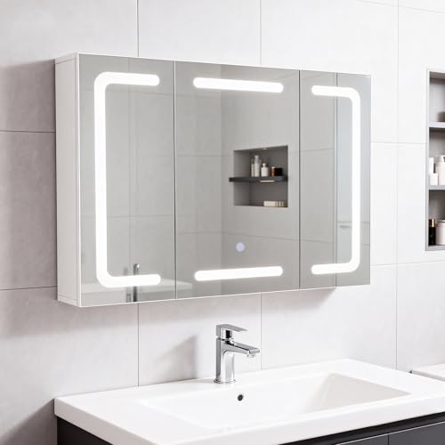 Thanaddo Spiegelschrank Bad mit LED Beleuchtung 80x60cm, Badezimmerschrank mit 6 Regal 3 Tür, Badschrank mit LED Badspiegel, 3 Farben Dimmbar