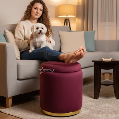 Image of Velvet Round Single Strip Ottoman Office Stool Foot Rest Stool Velvet Fabric Padded Seat Pouf Ottoman 16 X 16X 19 inch, in Round Shape for Living Room Maroon