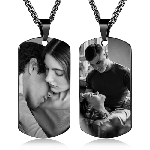 HJX Picture Necklace Personalized Photo & Text, Custom Photo Necklace for Couples, Unique Gifts for Boyfriend Girlfriend, Dog Tags for Men Women (Double-Sided Photo)