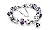 Verona Jewelers Snake Chain Charm Bracelet Crystal and Murano Bracelet for Women- Womens Murano Glass and Crystal bracelets (dark purple)