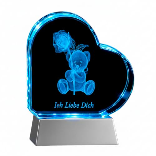 Kaltner Präsente Geschenkidee – Herz aus Glas: Kristallglas mit 3D-Laser-Gravur Teddy Rose ICH LIEBE DICH