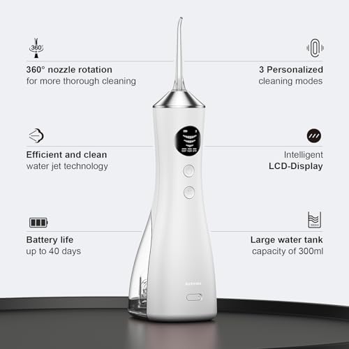 Water Flosser for Teeth Cordless, 300ML Portable Oral Irrigator with Screen Display, 3 Intensity Modes and 3 Flossing Tips, 60-Day Battery Life，IP68 Waterproof Dental Flosser for Home