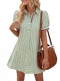 Wenrine Womens Summer Striped Mini Dresses Puff Short Sleeve Loose Fit Casual Button Collared Shirt Dress with Pockets Green